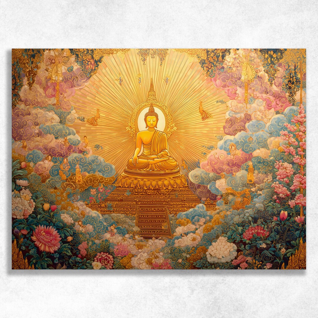 Golden Buddha Canvas Wall Art - Thai Temple Mural Lotus Halo Gold ...