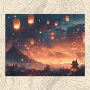 Enchanting World Canvas Wall Art, Floating Lanterns and Peaceful Village Canvas Decor for Home and Office, Relaxing Canvas, Inexpensive Art
