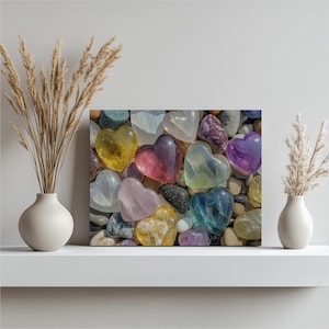 Pebble Art, Heart Stones Canvas Print, Heart Shaped Stones Gemstone Art Wall Decor, Beach Decor, Crystal Wall Decor, Pebbles.
