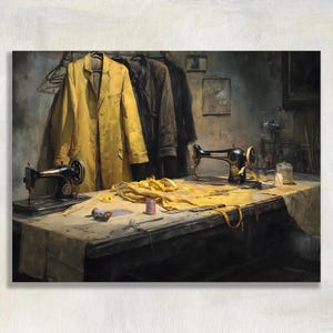 May include: A workshop scene featuring two black vintage sewing machines on a long table covered with yellow fabric, a yellow measuring tape, and sewing tools. A bright yellow coat and dark coats hang on the wall behind the work surface.