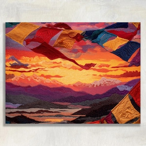 Könnte beinhalten: Ein lebendiges Gemälde zeigt farbenfrohe Gebetsfahnen vor einem Sonnenuntergangshimmel. Das Kunstwerk zeigt eine Bergkette in Lila- und Orangetönen, wobei die Sonne hinter den Gipfeln untergeht. Die Fahnen sind in Rot, Gelb und Blau gehalten.