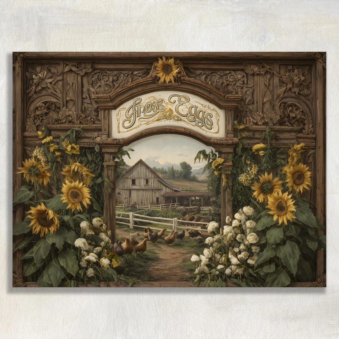 Vintage Farmhouse Sunflower Canvas Wall Art - Rustic Barn Chickens ...