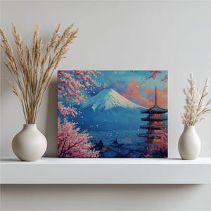 Japan Mount Fuji Canvas Wall Art, traditional Japanese landscape painting with cherry blossoms and temples, perfect for home or office decor