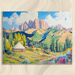 Kirgizië canvas muurkunst, prachtige berglandschappen met yurts ideaal voor huisdecoratie, perfect cadeau voor kunstliefhebbers, professioneel kunstwerk