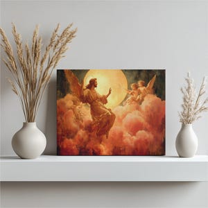 Celestial Angelic Scene Canvas Wall Art - Divine Cherubs With Golden ...