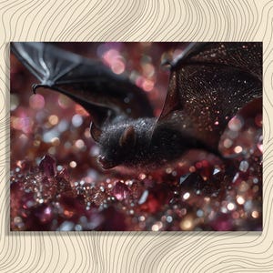Puede incluir: Primer plano de un murciélago negro con las alas extendidas, sobre un fondo de cristales rosas y rojos brillantes. El pelaje del murciélago es detallado y los cristales brillan.