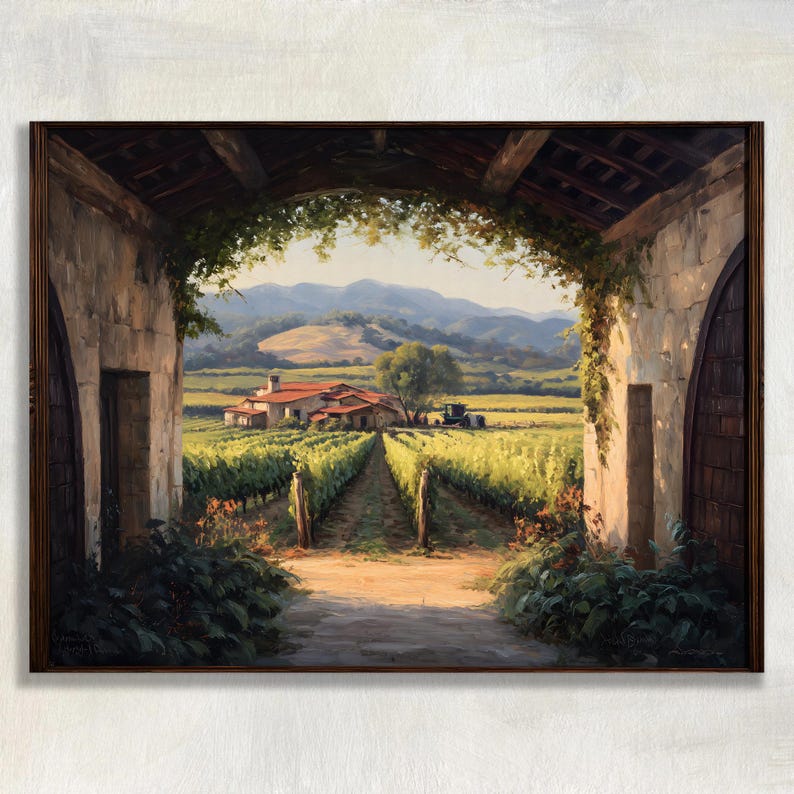 Vineyard Canvas Wall Art - Rustic Farmhouse Landscape Oil Painting With ...