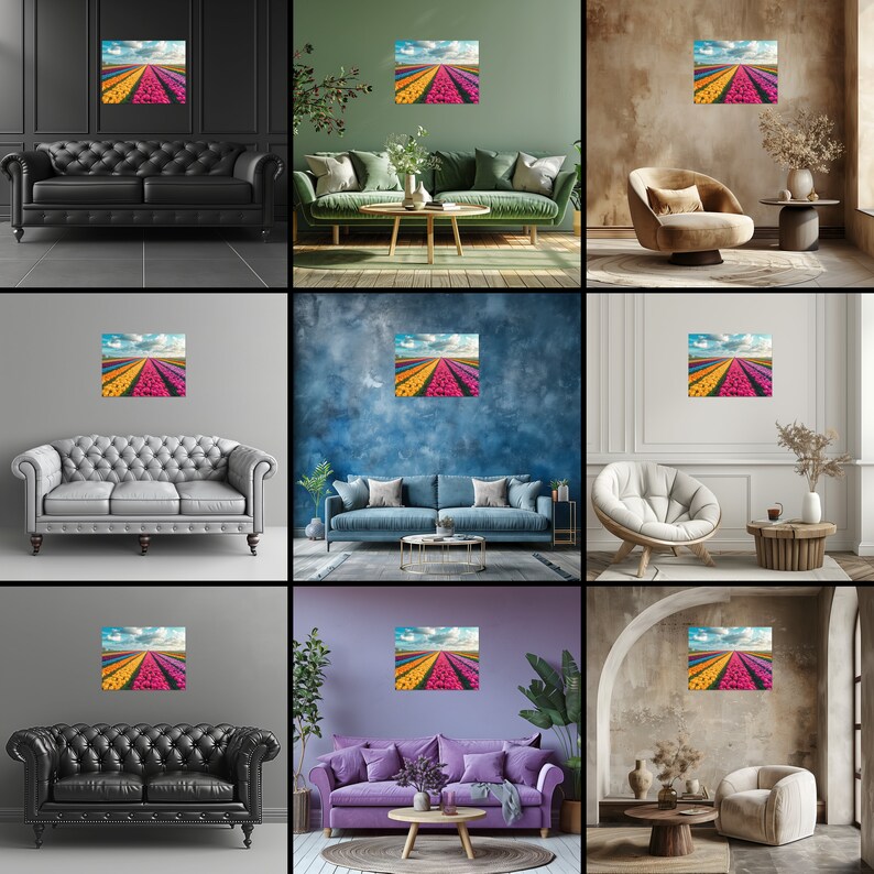 Tulip Fields Splendor Canvas Wall Art, Dutch Landscape Painting Vibrant