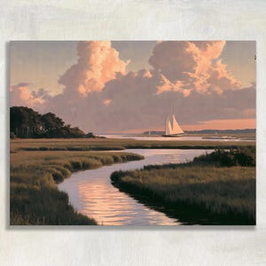 May include: A landscape painting of a sailboat with white sails navigating a winding river through a marshland at sunset. The sky is filled with large, soft pink and orange clouds, and the water reflects the warm light of the setting sun.
