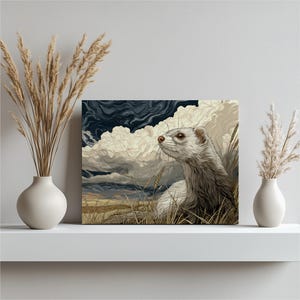 Stoat Weasel Canvas Wall Art – rustic nature art print storm clouds grassland field modern wildlife decor cloudscape earthy tones