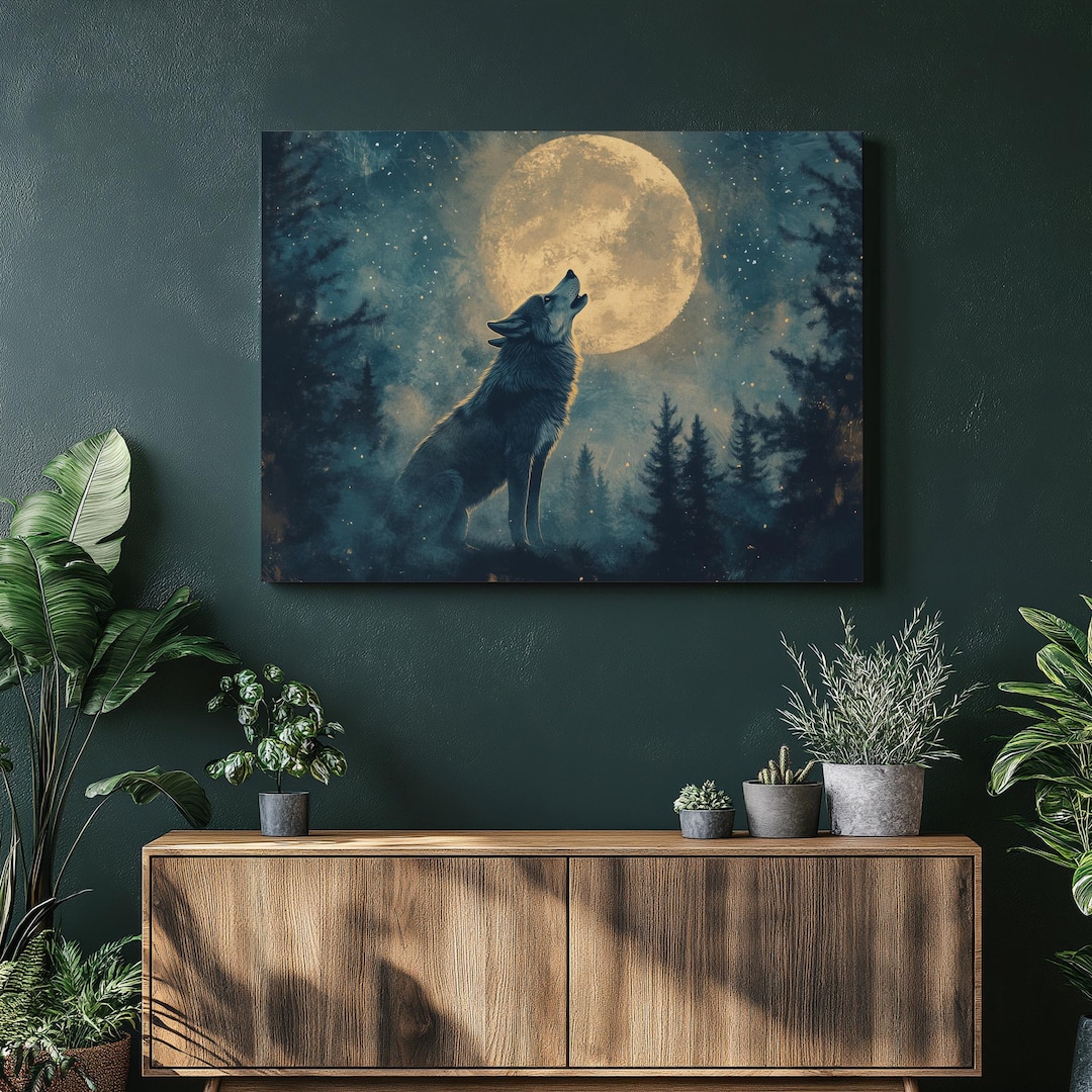 Majestic Wolf Canvas Wall Art, Howling Moon Painting Forest Starry Sky ...