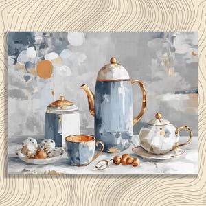 May include: A still life painting of a tea set. The set includes a blue and gold teapot, a sugar bowl, a teacup, a small teapot, a spoon, and a plate of pastries. The color palette is soft, with blues, golds, and whites.