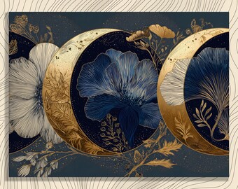 Puede incluir: Impresión artística con tres formas de media luna con diseños florales. La obra de arte utiliza una paleta de colores azul marino, dorado y blanco. La luna central muestra una gran flor azul, las otras detalles botánicos intrincados.