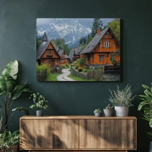 Polish Folk Canvas Wall Art Print - Traditional Wooden Houses in Zakopane Mountain Scenery Painting Rustic Decor Gift for Nature Lovers