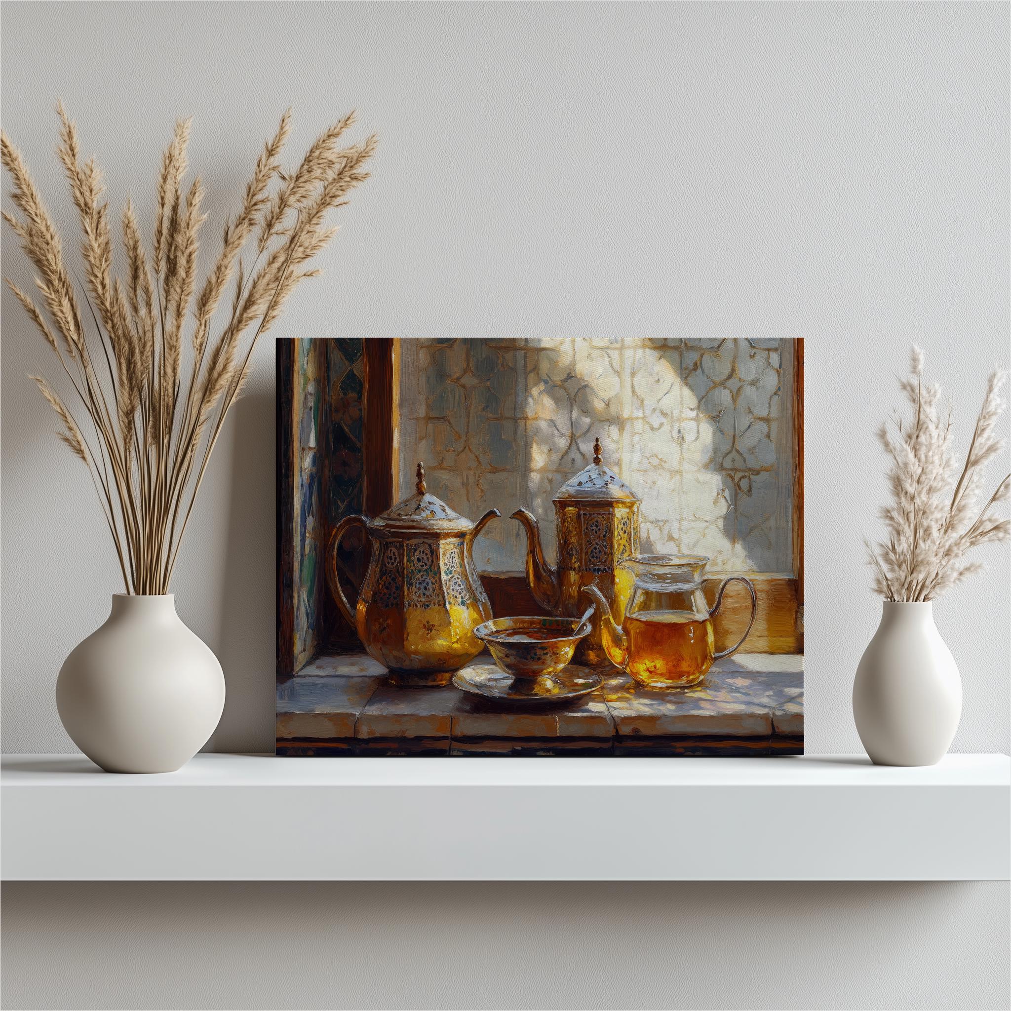 Moroccan Tea Set Canvas Wall Art - Still Life Painting With Glass