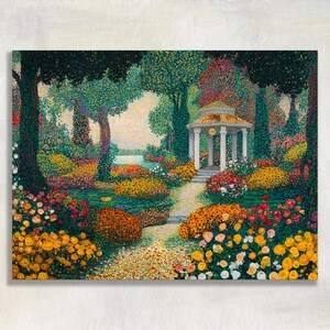 Cuadro mural Jardín de Rosas - Estampado romántico de sendero floral en un jardín con cenador, colorido y decorativo, estilo puntillista, paisaje floral.