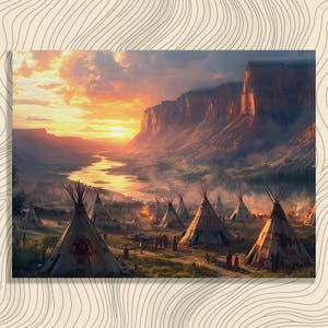 May include: An artistic rendering of a Native American village at sunset. Several teepees are set up in a valley, with a river winding through the landscape. The sky is filled with warm colors, and the scene evokes a sense of peace and tranquility.