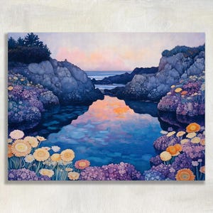 May include: A landscape painting depicts a serene coastal scene. The artwork features a calm body of water reflecting the sky's colors, framed by rocky cliffs and vibrant flowers in shades of yellow, orange, and purple. The overall mood is tranquil.
