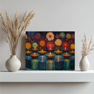 Diwali Festival Canvas Wall Art Floral Wall Decor Boho Wall Art Decor Diwali Decor Diwali Diyas Festive Lanterns Bohemian Style