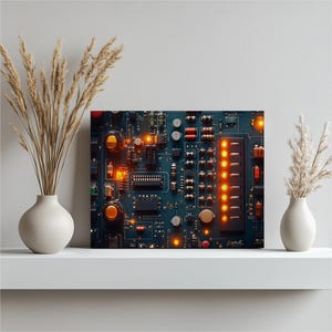 May include: A square canvas print depicting a detailed circuit board. The board is a deep teal colour, with various electronic components, including orange lights and small chips. The print is displayed on a white shelf with vases.