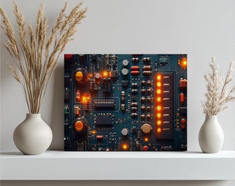 Quadro su tela con circuito stampato - elettronica illuminata, macro luci della scheda madre, arredamento tecnologico industriale, moderno regalo per geek da ufficio per ingegneri