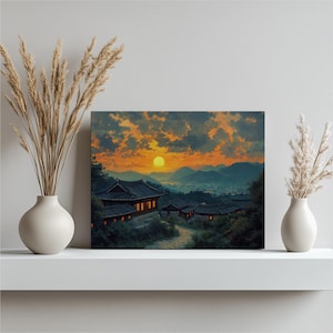 South Korea Hanok Village Canvas Art, Serene Mountain Sunset Landscape Print Home Decor - Bukchon Design for Living Room Bedroom