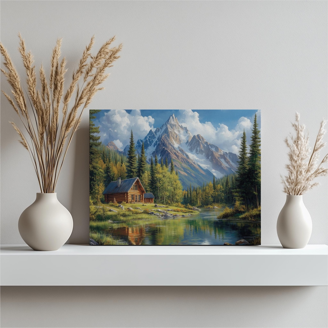 Log Cabin Mountain River Canvas Print Wall Art Painting Decor – Rustic ...