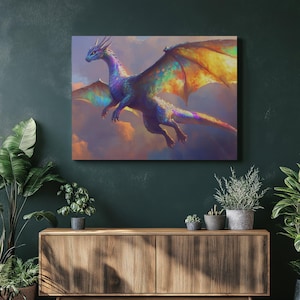 鮮やかなファンタジードラゴンのキャンバスウォールアートプリント。雄大なカラフルなドラゴンの絵画。自宅やオフィスの装飾に。ファンタジーアートファンへのユニークなギフト。