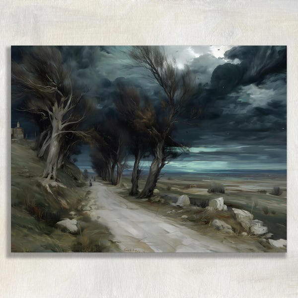 Pintura de paisaje costero melancólico: Camino azotado por el viento bajo nubes de tormenta