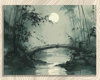 月明かりの竹橋キャンバスウォールアート – 水墨画ミニマリスト