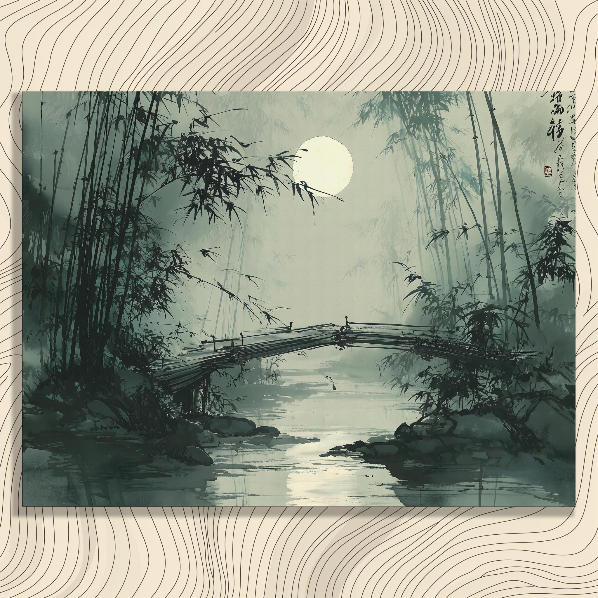 月明かりの竹橋キャンバスウォールアート – 水墨画ミニマリスト