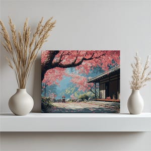 Cherry Blossom Japanese Garden Canvas Print - Wall Art Painting for Home Decor, Tranquil Nature Scene - Perfect Zen Gift for Art Lovers