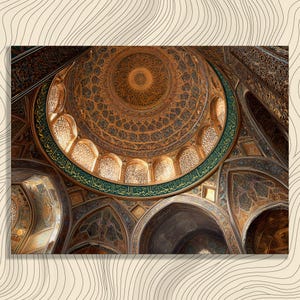 May include: A detailed architectural photograph of an ornate mosque interior featuring a large, circular golden dome with intricate geometric patterns. The dome is surrounded by arched windows with lattice screens and a band of Arabic calligraphy.
