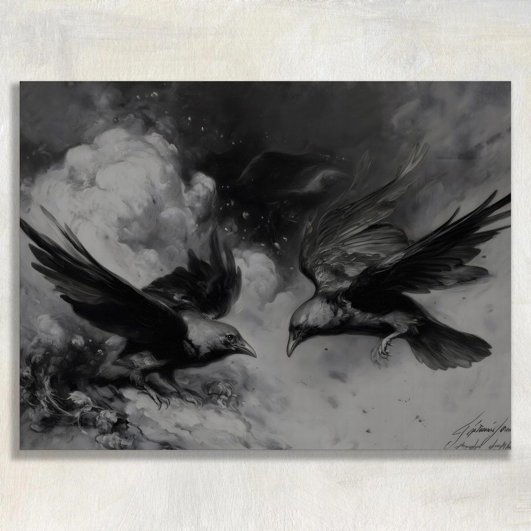 Raven Flight Canvas Wall Art – Dark Gothic Crow Decor Black and White ...