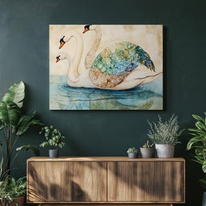 Swan family canvas wall art - ornate watercolor swans on lake intricate feather patterns, nature decor, calming gift for bird lovers