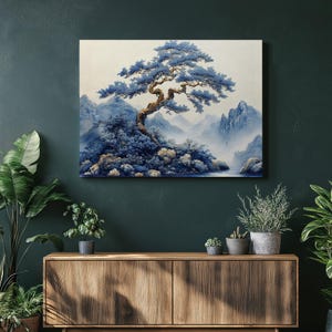 Majestueuze boom canvas muurkunst, chinoiserieschilderij voor spiritueel interieur en stressvrije sfeer met op de natuur geïnspireerd kunstwerk
