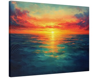 夕焼けの絵画、海のアート、水彩画の夕焼け、海岸の壁画、海景、ビーチ