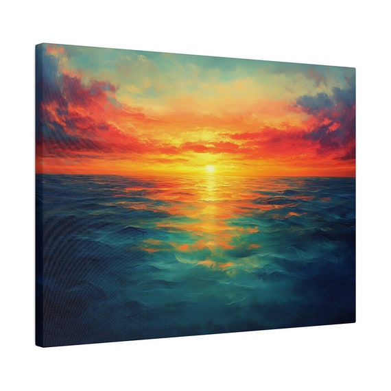 夕焼けの絵画、海のアート、水彩画の夕焼け、海岸の壁画、海景、ビーチ