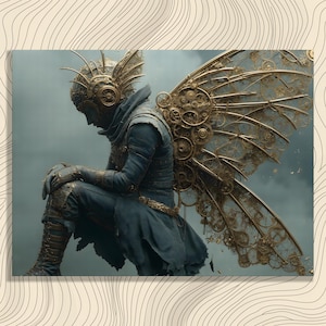 Steampunk Mechanical Wings Canvas Wall Art – Mechanical Wings Fantasy Painting Print Decor Gift for Adults Collectors in Gold Blue