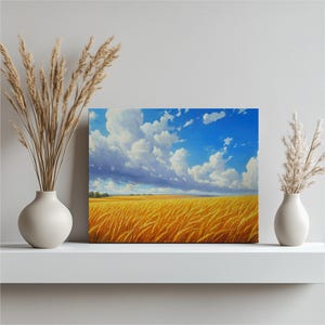 Golden Wheat Field Canvas Wall Art - Country Farmhouse Decor, Serene Blue Sky Fluffy Clouds Landscape Art - Rustic Countryside Scene