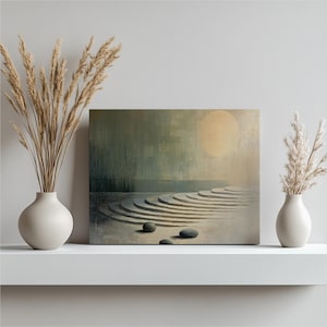 May include: An abstract painting depicts a serene landscape with a circular staircase leading to a large, golden sun. Three dark stones are in the foreground. Two white vases with dried grasses flank the painting on a white shelf.