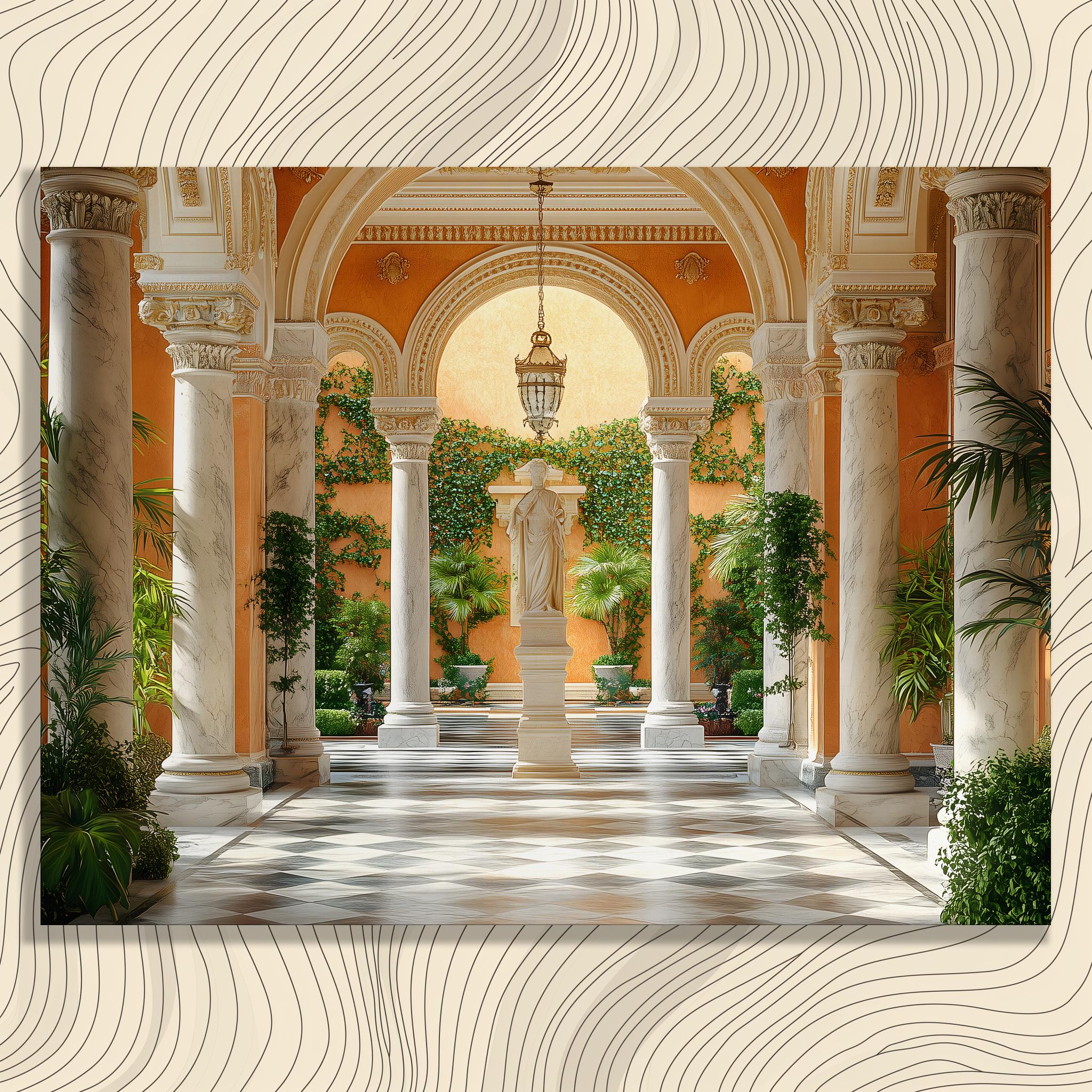 Renaissance Courtyard Canvas Wall Art - Elegant Marble Columns and