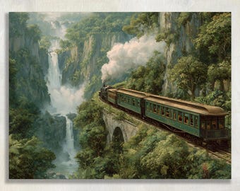 Guyana canvas wall art steam train - Vintage tropical waterfall print with emerald green train nostalgic travel decor for nature lovers