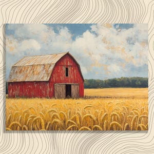 Rustic Red Barn Canvas Wall Art – Wheat Fields Landscape Print Clouds Painting Traditional Country Farm Decor Gift for Nature Lovers