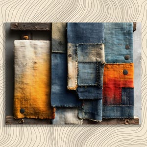 Somali Textile Abstract Canvas Wall Art - Colorful Patchwork Indigo Teal Orange Yellow Rustic Woven Fabric Collage on Wood Decor