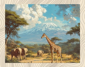 Kenya Canvas Wall Art Grazing Giraffes Elephants African Sky Mount Kilimanjaro Stunning Decor Nature, Decoration for Home, Office or Bedroom