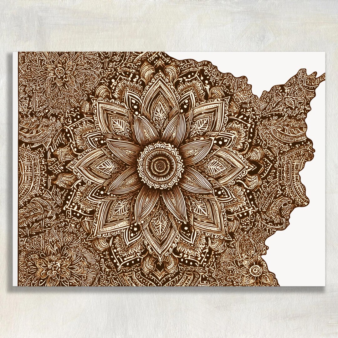 Ohio Mandala Map Canvas Wall Art - Boho Floral State Print Neutral