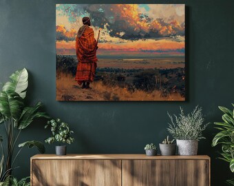 ケニアのキャンバス壁アートマサイマラの風景、詳細な油絵、伝統的な