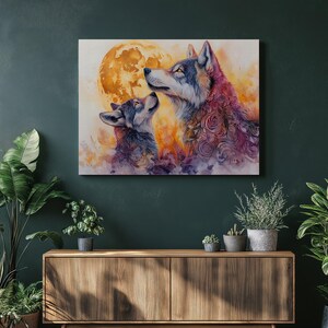 Wolves Canvas Wall Art Howling at Moon, Mother and Pup Watercolor Painting Midnight Scene Wildlife Decor, Office Artwork, Stretched Canvas