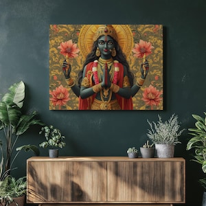 Kali Maa Canvas Wall Art | Vibrant Goddess Kali Painting with Floral Accents for Hindu Decor, Empowerment Mythology Art Spiritual Gift